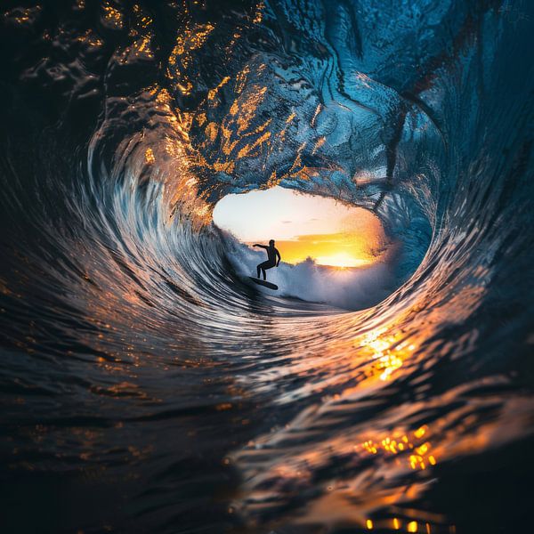 Surfer in de zonsondergang van Poster Art Shop