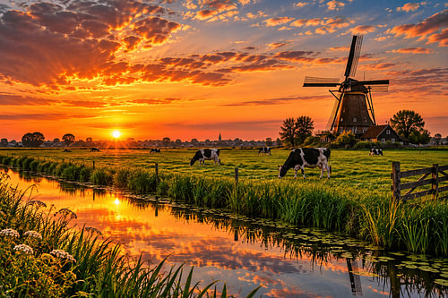 Moulin hollandais avec des vaches