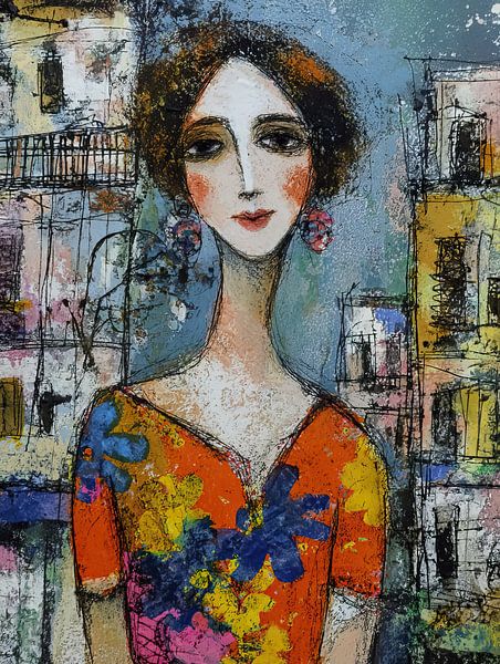 Vrouwenportret in de Stad | Frisse Kleuren van de Stad van Abstract Schilderij