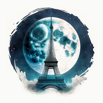 Eiffel tower full moon watercolour by Vlindertuin Art
