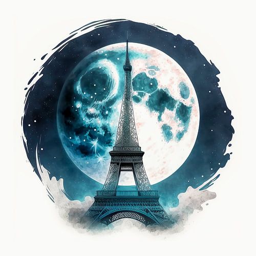 Eiffel toren volle maan waterverf
