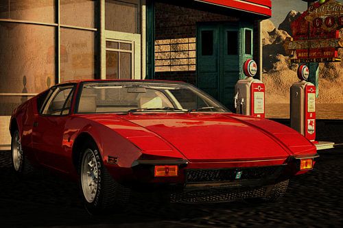 De Tomaso Pantera bij een oud benzinestation op Route 66