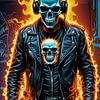 Feuriger Skelett-Biker mit Kopfhörern von Makar Mokrynskyi