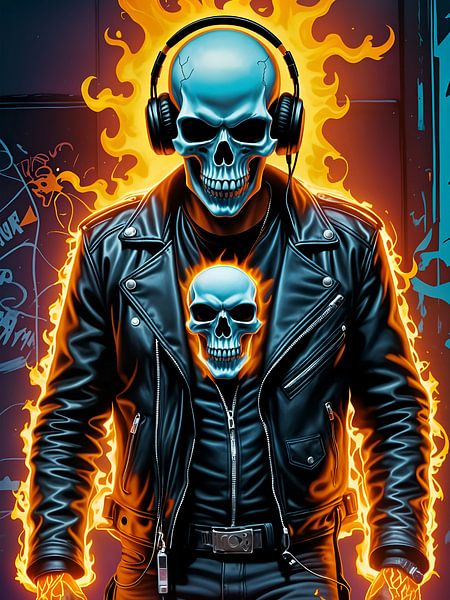 Fiery skeleton biker in headphones by Makar Mokrynskyi