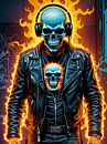 Fiery skeleton biker in headphones by Makar Mokrynskyi thumbnail