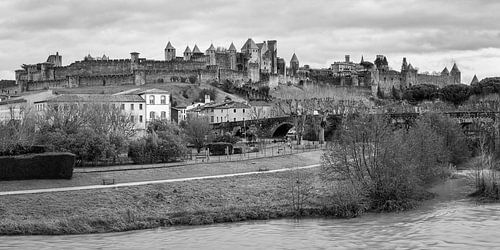 Panorama van Cité de Carcassonne in Zwart-Wit