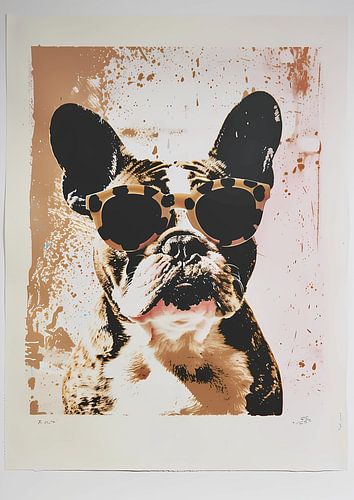 Franse buldog in zeefdrukstijl – popart-hondenportret met een zonnebril met luipaardprint in aardetinten