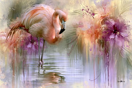 Flamant rose et fleurs tropicales