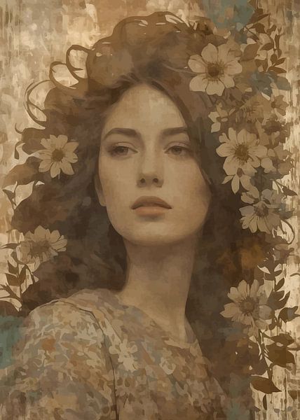 Surréalisme abstrait d'une fille avec des fleurs Portrait vintage par MIROKKU