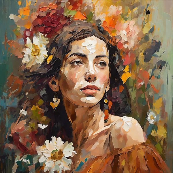 Femme entourée de fleurs par Jan Bouma