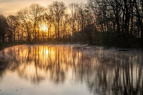 Sunrise and a pond with water vapour