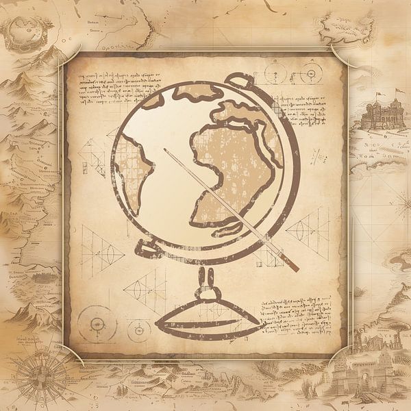 Globus mit Zeigestock. Vintage Kunstwerk im altmodischen Stil für Geographie- &amp; Geschichtslehrer. von SergeivoArt