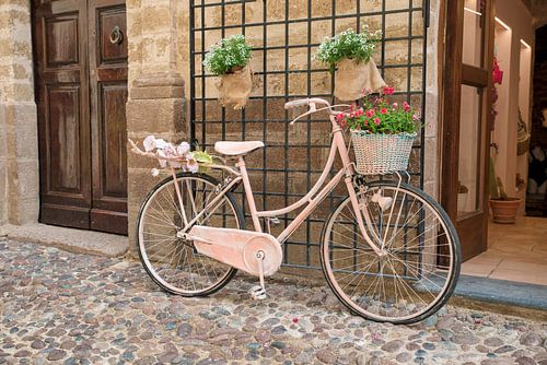 Bicyclette pour dames peinte en rose avec des fleurs dans une rue avec de vieilles portes et des pie