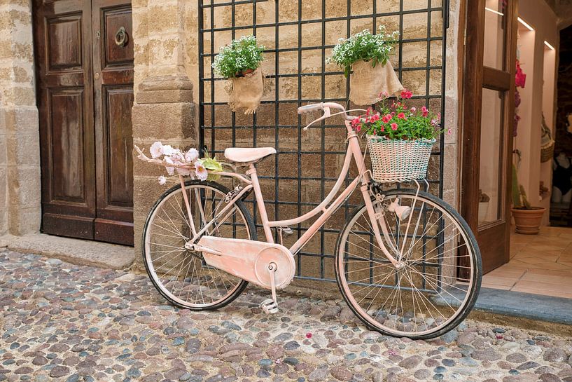 pink painted ladies bike with flowers in street with old doors and stones on sardinia island by ChrisWillemsen