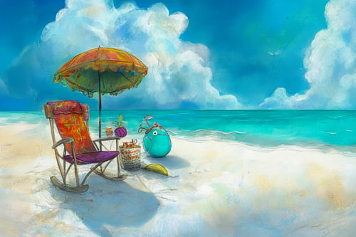 Painting of a beach with a rocking chair under a colourful parasol.