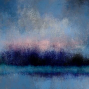 Kleurrijk abstract minimalistisch landschap in pastelkleuren. Blauw, zwart en roze. van Dina Dankers