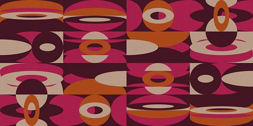 Abstracte retro geometrie in neonroze, oranje, wijnrood.