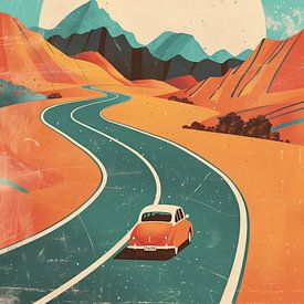 Oldtimer-Auto in Berglandschaft bei Sonnenuntergang von Lauren Wilde