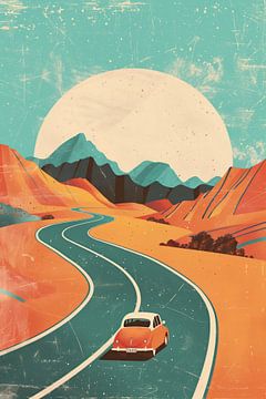 Oldtimer-Auto in Berglandschaft bei Sonnenuntergang