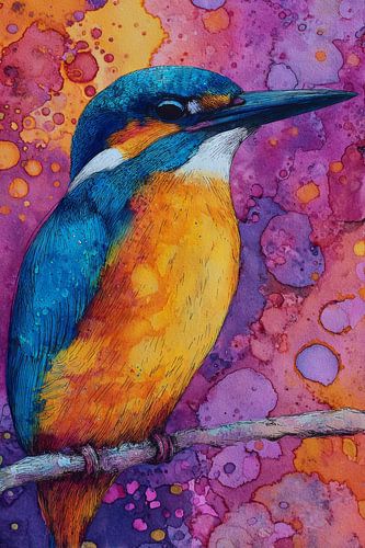 Kingfisher on a Branch in Colourful Watercolour