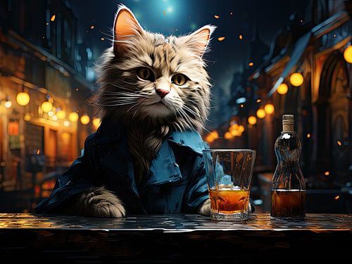 Kat in het nachtcafé met whiskyglas