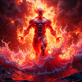 Dark Fantasy Art Wandbild: SOLVARETH - Der Gott des ewigen Feuers kommt aus dem Wasser empor