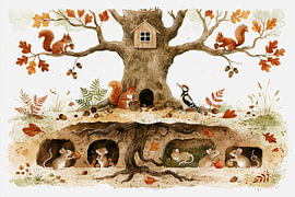Forest animals in autumn, with squirrels and mice in a cosy treehouse by Floral Abstractions