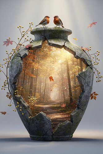 Stilleven landelijk – gebroken vaas met herfstbos en vogels