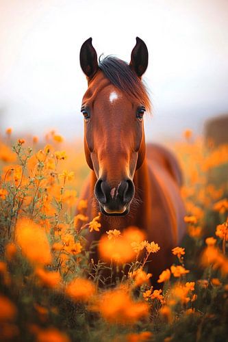 Paard tussen heldere bloemen