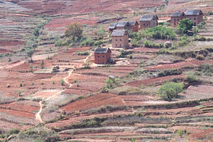 Dorp in rood landschap in Madagascar