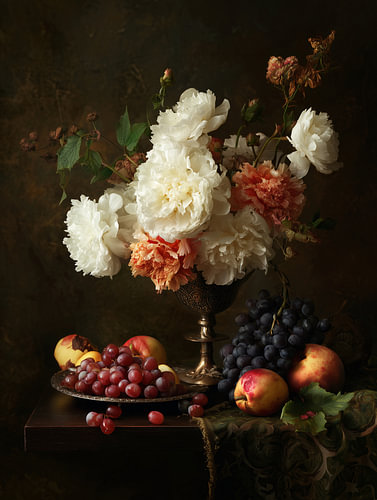 Stilleven met Pioenrozen en Fruit