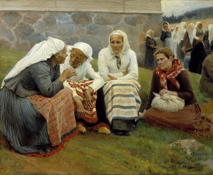 Vrouwen buiten de kerk in Ruokolahti, Albert Edelfelt van Meesterlijcke Meesters