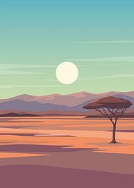 Minimalist flat vector illustration of an African savanna landscape with a lone acacia tree.