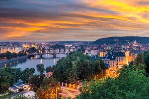Sunset over Vltava river in Prague
