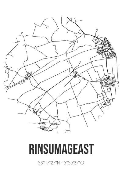 Rinsumageast (Fryslan) | Karte | Schwarz und Weiß von Ortsdrucke