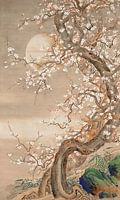 Japanse pruimenbloesems in maanlicht (18e eeuw) originele vintage inkt en kleur op zijde van Sō Shizan