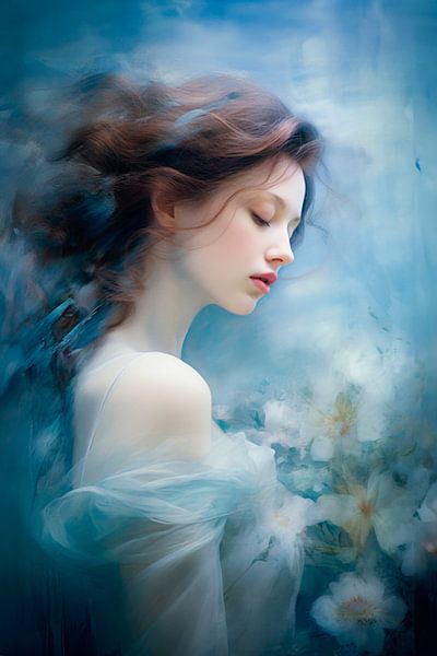 Porträt einer Frau mit Blumen – Romantisches und verträumtes Kunstwerk von Joriali Fotografie und Gemälde