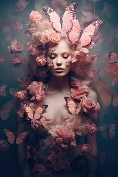 Vrouwelijk portret met roze vlinders en bloemen