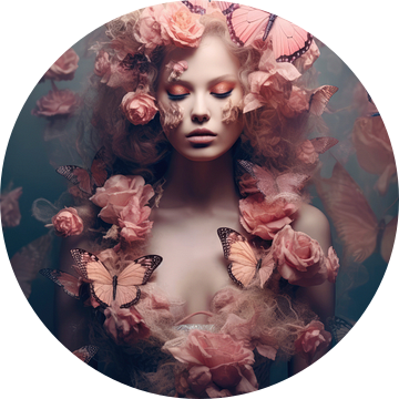 Vrouwelijk portret met roze vlinders en bloemen van Digitale Schilderijen
