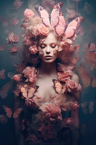 Vrouwelijk portret met roze vlinders en bloemen