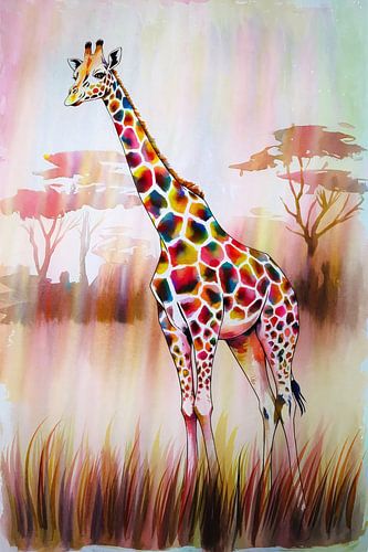 Kleurrijke giraffe in abstract landschap