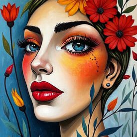 Portrait coloré d'une femme avec des fleurs, dans le style pop art sur DesignByDessie
