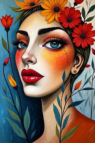 Farbenfrohes Frauenporträt mit Blumen im Pop-Art-Stil
