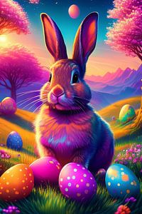 Osterhase mit bunten Ostereiern im Gras mit Birkenbäumen