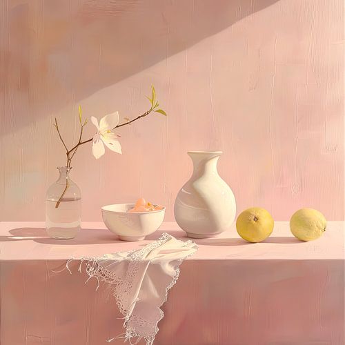 Lemons, blossom branch in vase still life painting
