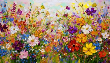 Schilderij van een bloemenveld in felle kleuren van Studio Pieternel