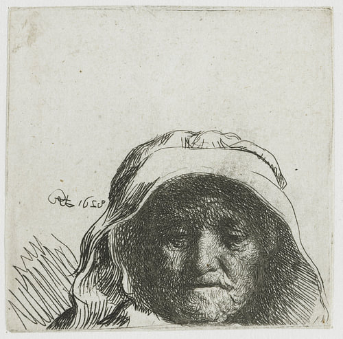 Rembrandt's Moeder: alleen de kop, en face, Rembrandt van Rijn