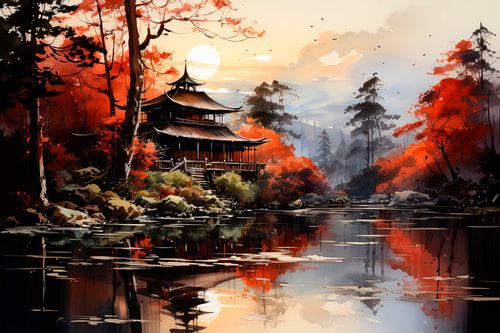 Japanse tempel aan een rustig herfstmeer