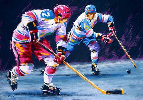 Illustration of two hockey players - acrylic on paper