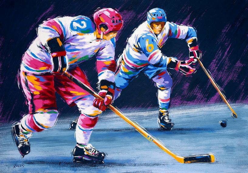 opraken Of later Zonnebrand Illustratie van twee ijshockey spelers - acryl op papier van Galerie  Ringoot op canvas, behang en meer